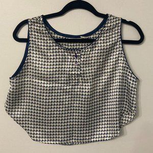 90s Y2K Cropped Shirt Size Medium Blue Houndstooth Silky Fall Funky Vintage